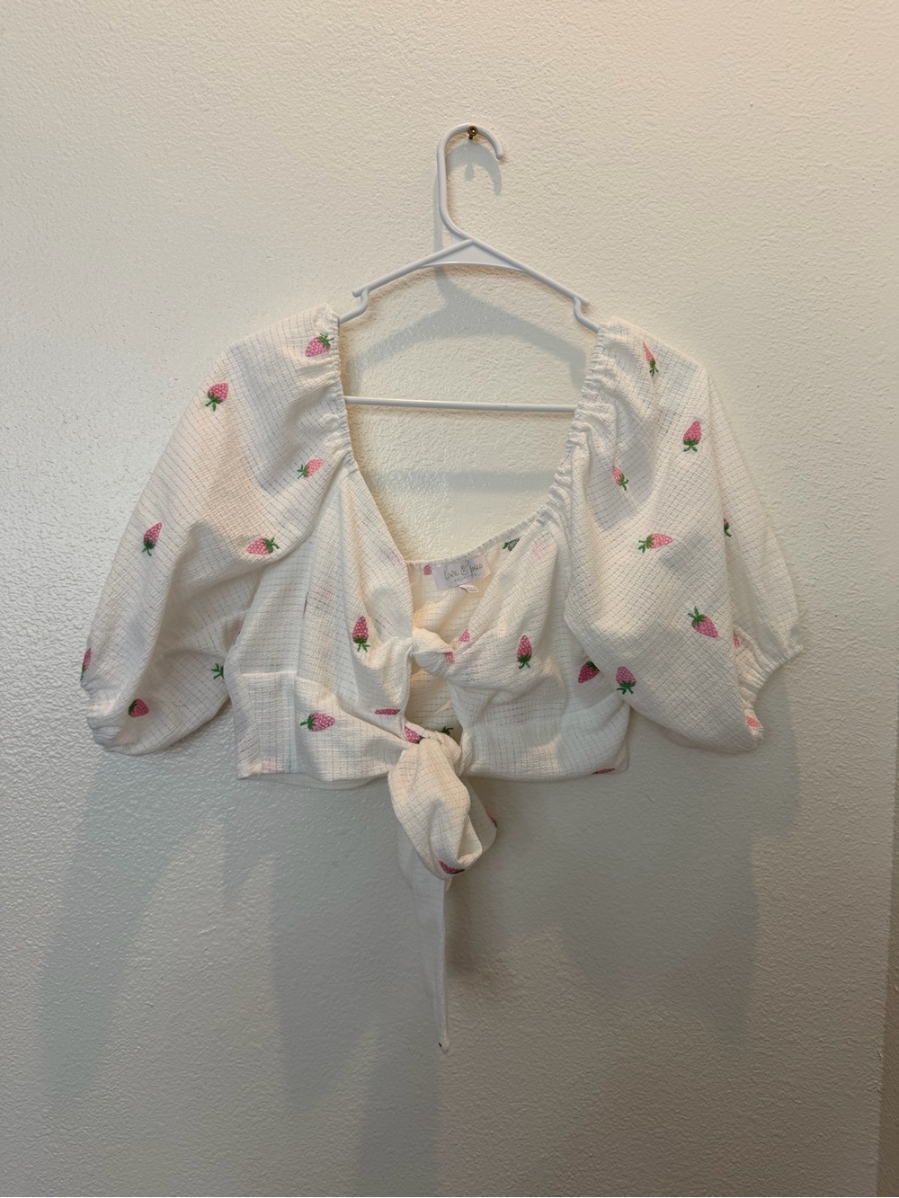 & Other Stories White Waffle Tie-Front Crop Top with Pink Strawberry Print